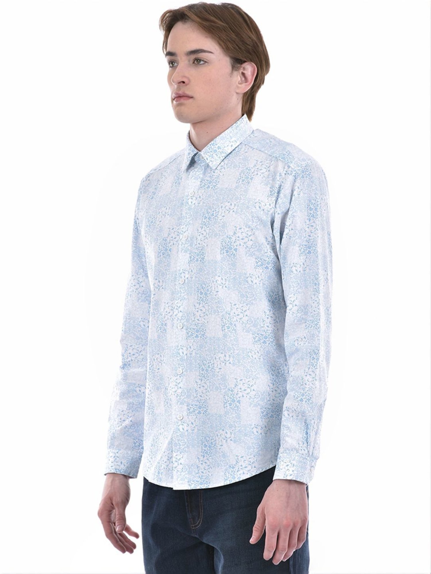 Numero Uno Blue Slim Fit Floral Print Shirt