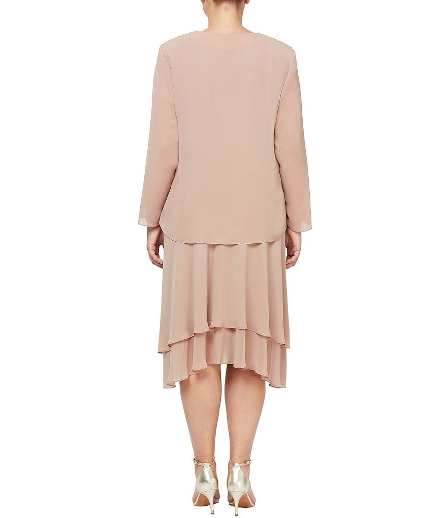 Ignite Evenings Plus Size Scoop Neck Long Sleeve Sequined Shoulder Midi Length Tiered Hem Jacket Dress