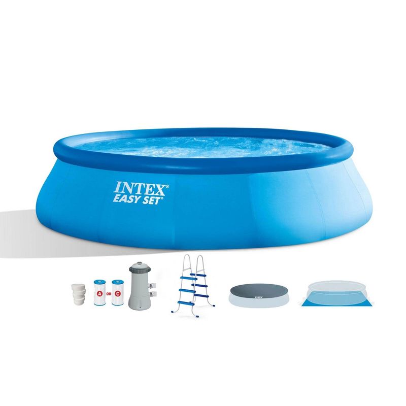 Intex 26165EH 15ft x 42in Above Ground Inflatable Swimming Pool Bundle with Pump, Ladder, Cover, and 5 Pound Bucket of Chlorine Tablets