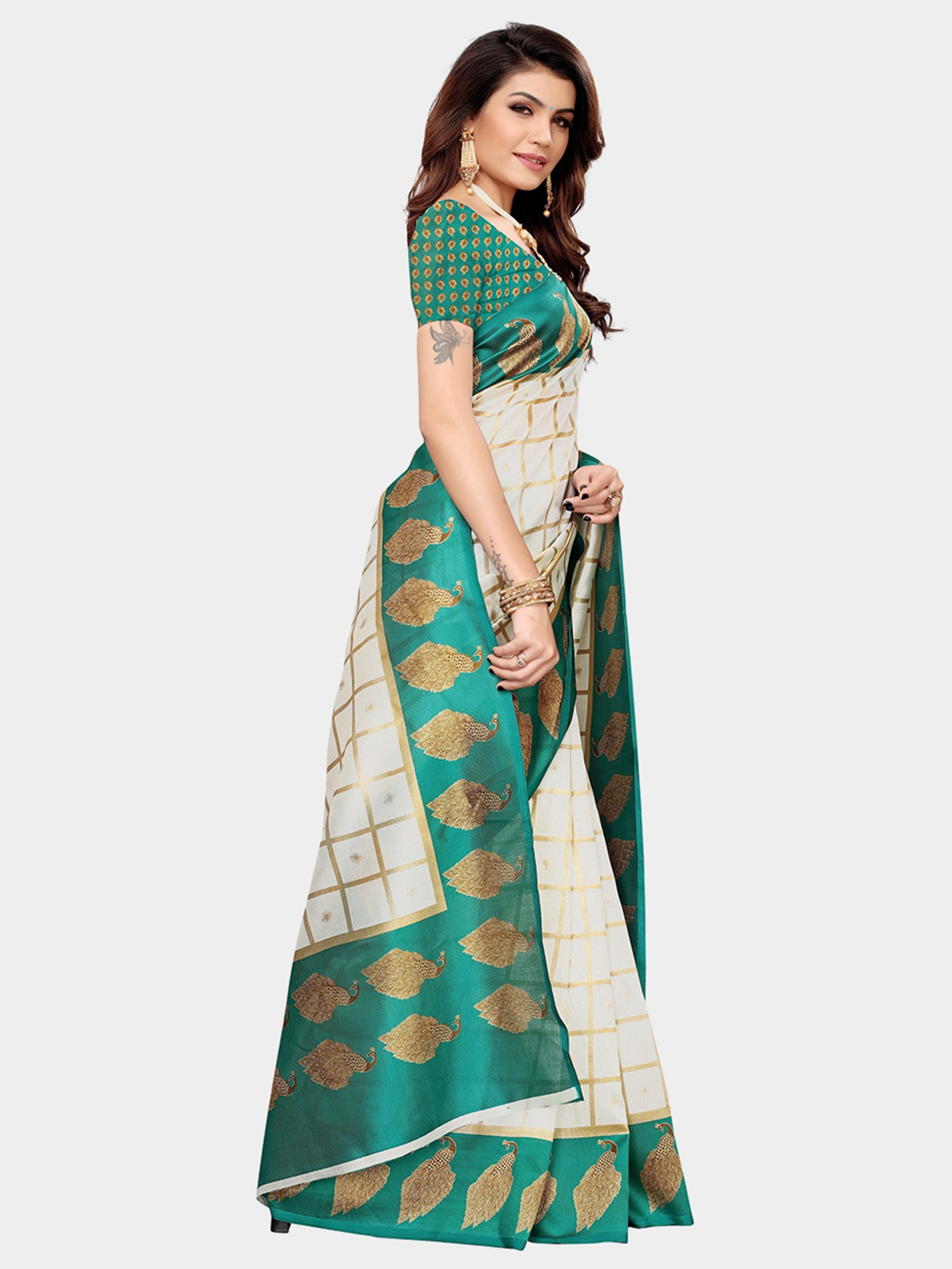 KSUT Blue & Beige Check Saree With Blouse