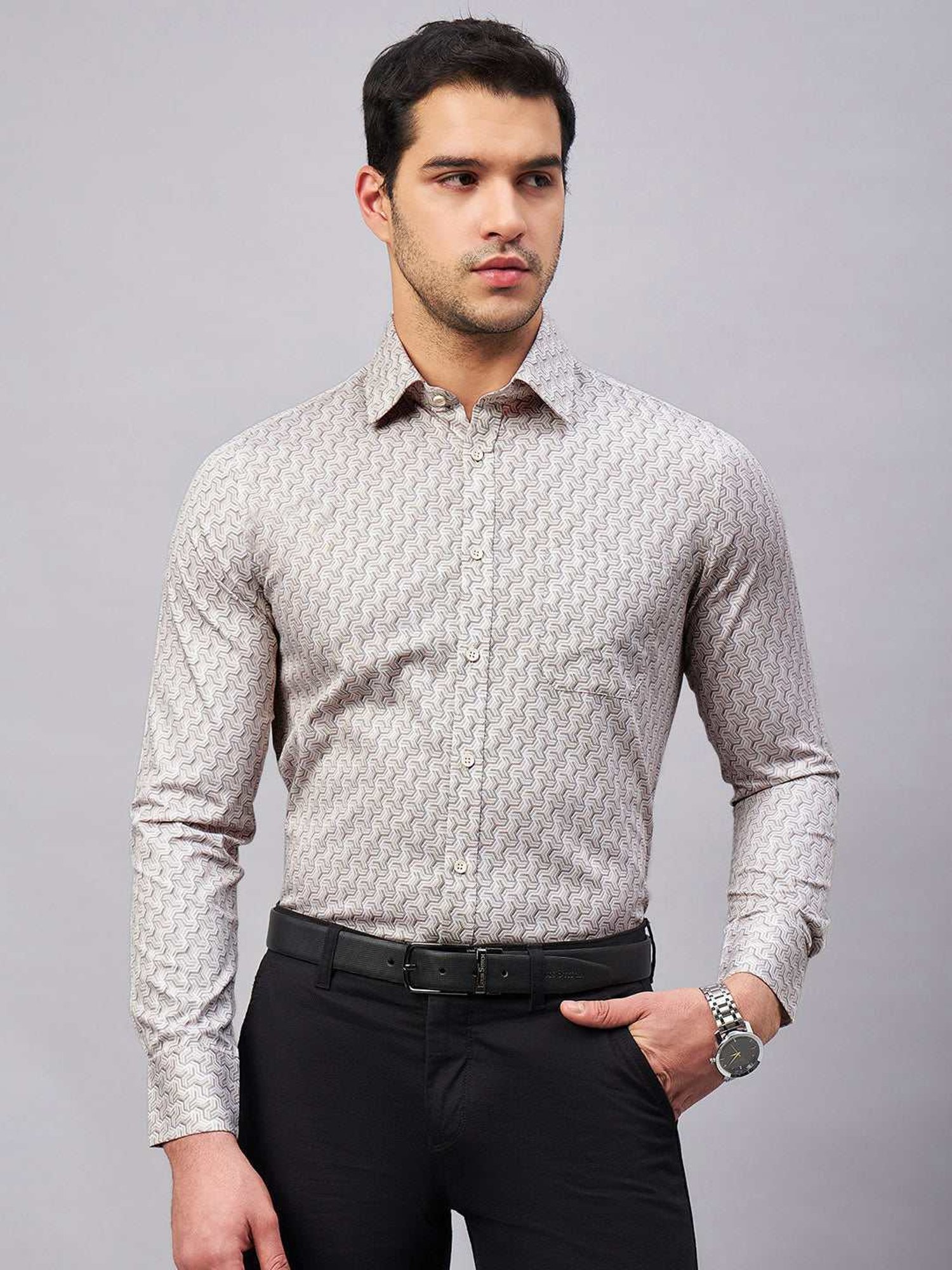 Louis Stitch Cream Cotton Regular Fit Printed Shirt