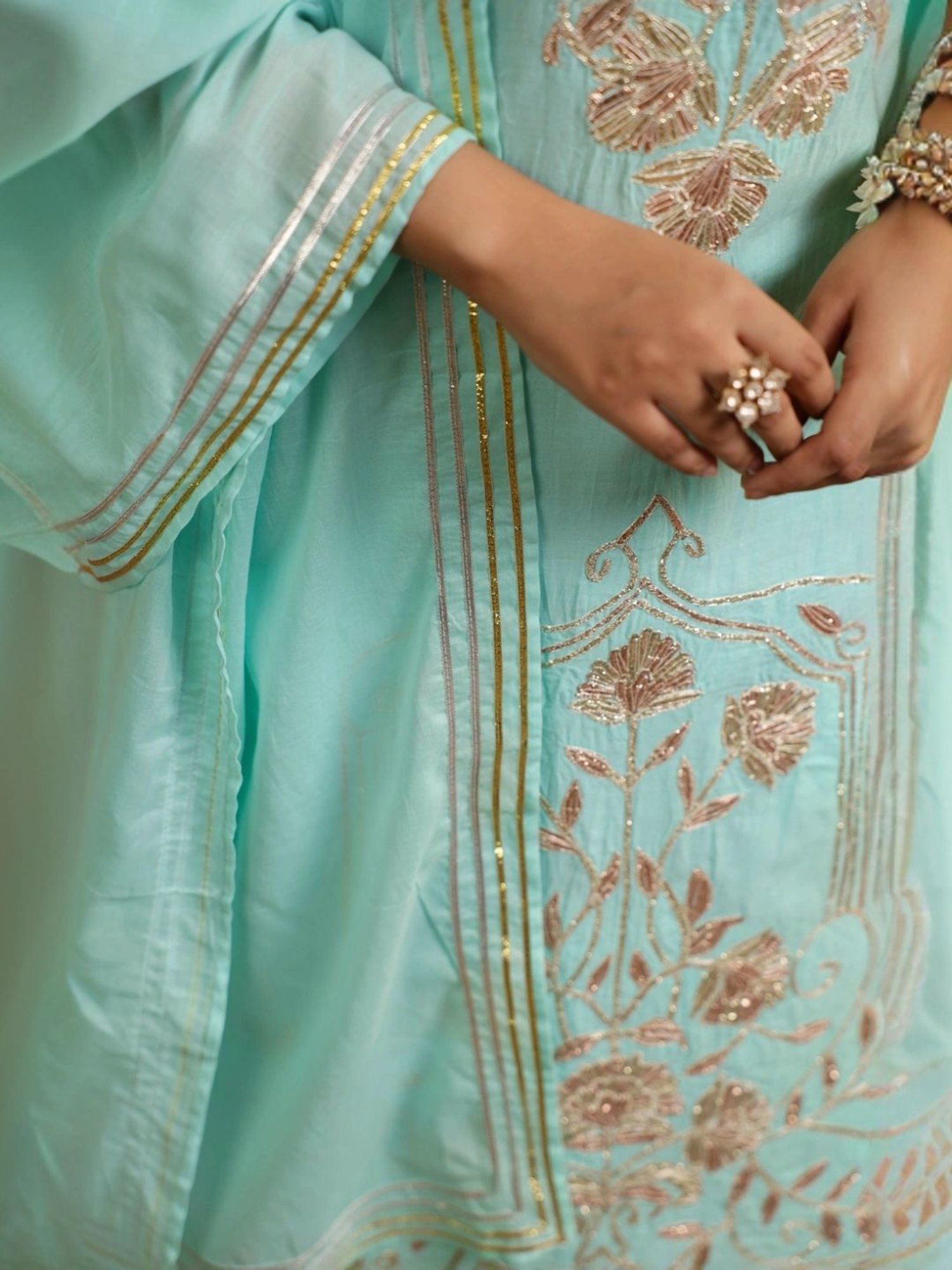 SCAKHI Turquoise Blue Cotton Gota Work Kurta and Pant With Dupatta