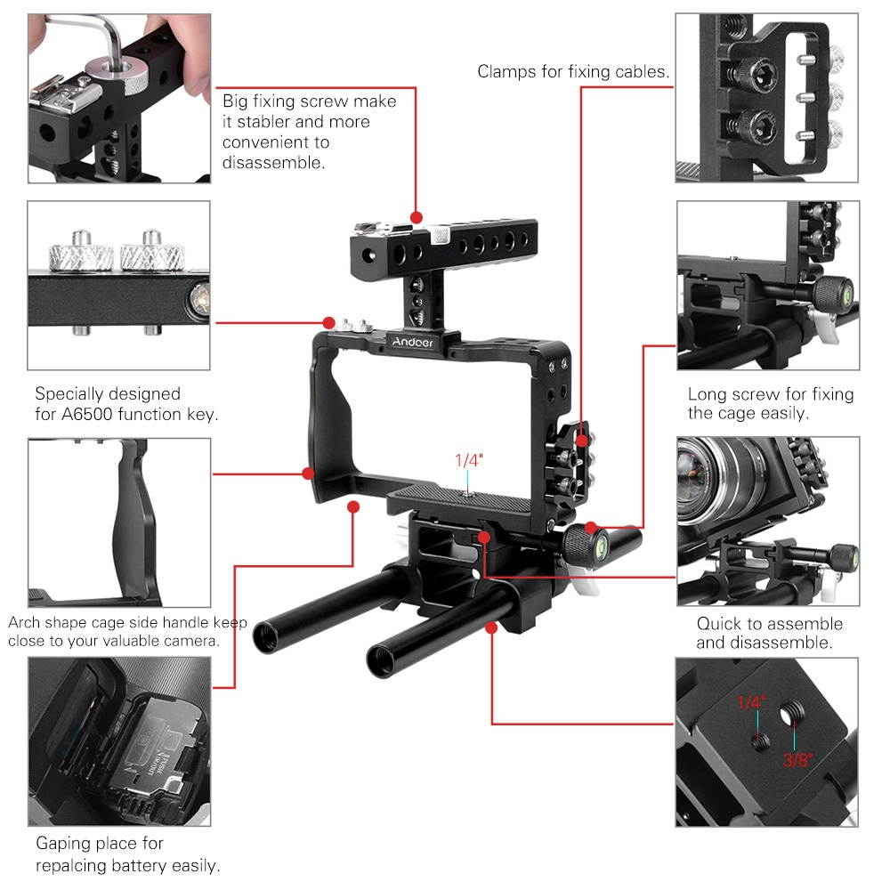 Andoer Professional Video Cage Rig Kit Film Making System w/ 15mm Rod Accessory Replacement for Sony A6000 A6300 A6500 ILDC Mirrorless Camera Camcorder