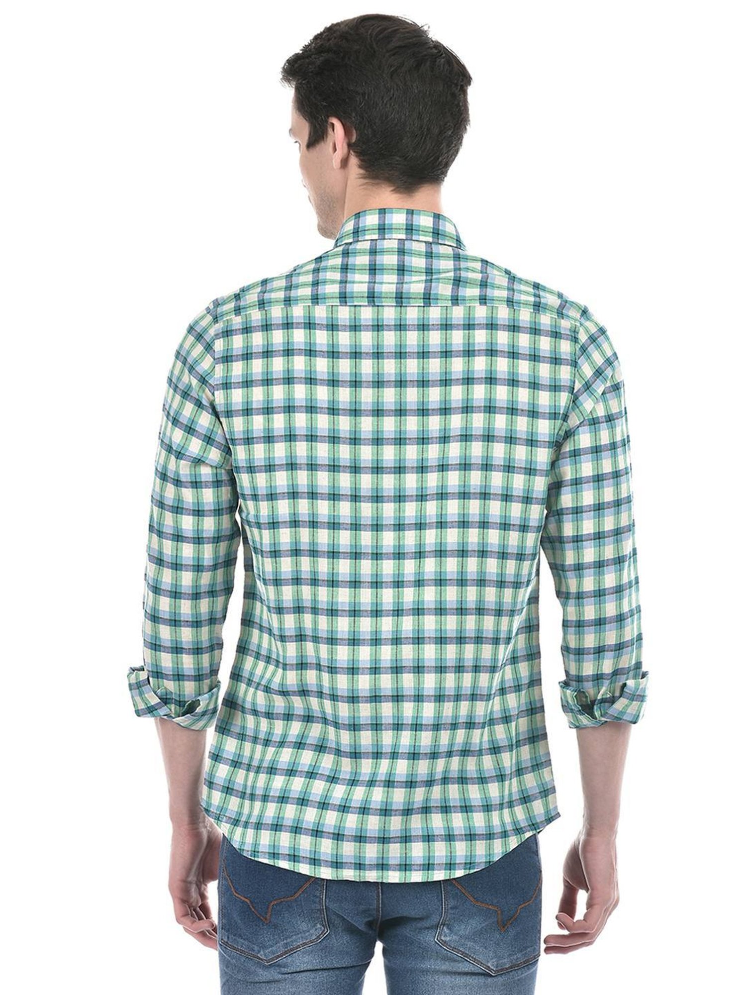 Numero Uno Green Cotton Slim Fit Checks Shirt