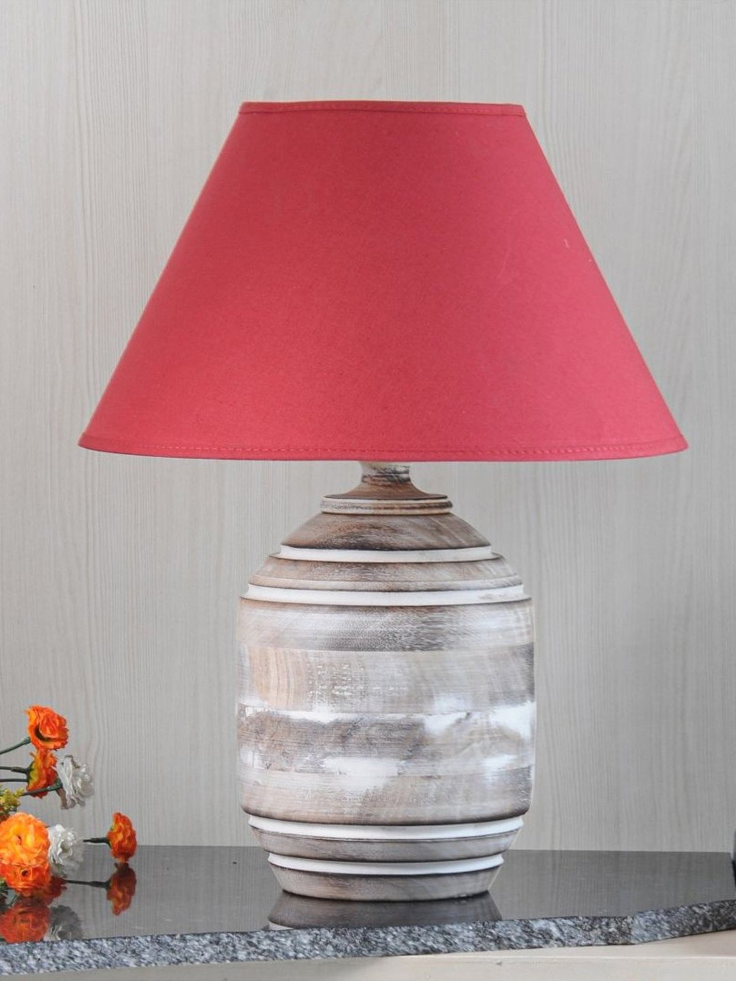 Kapoor Lamp Shades Distress White & Red Wood Bradbury Carved Table Lamp