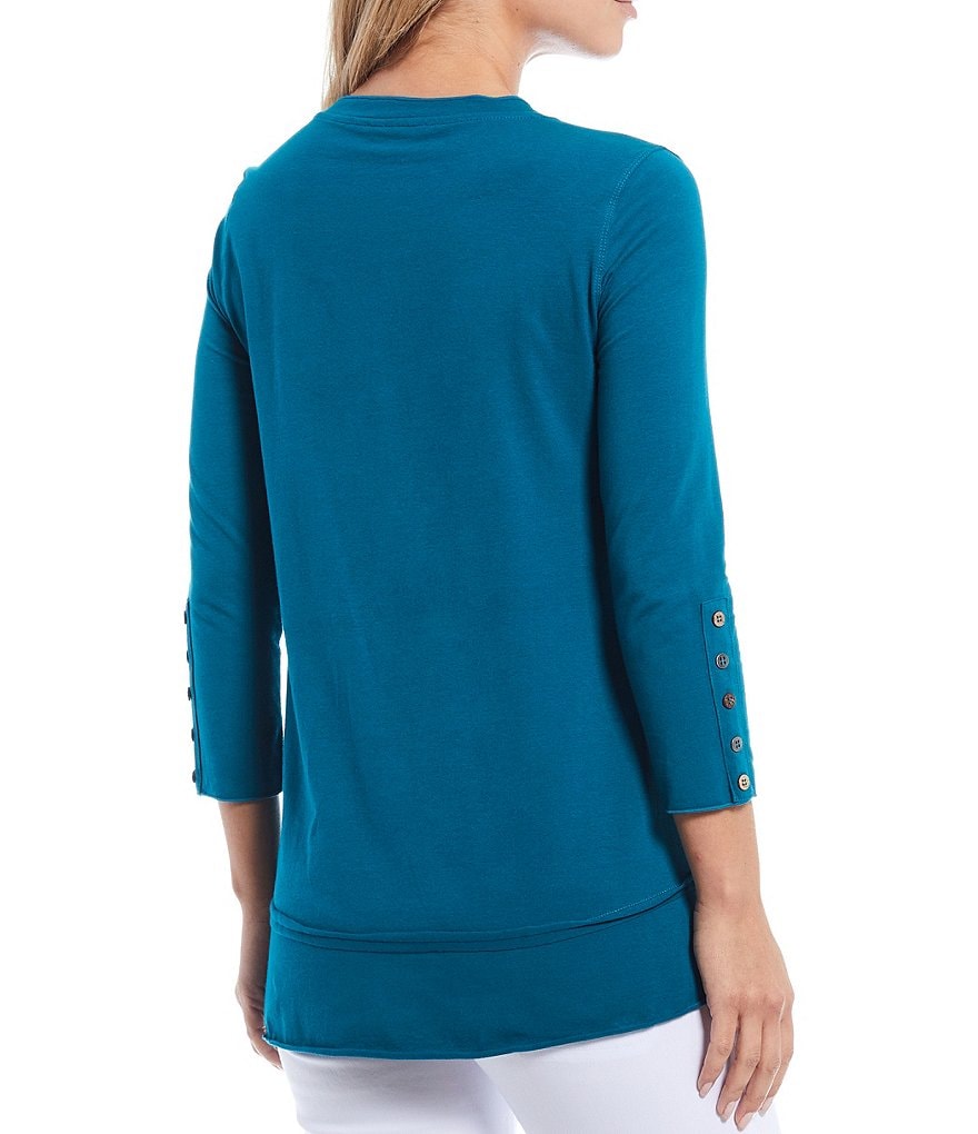Multiples Band Crew Neck Seamed Detail Button Trim 3/4 Sleeve Knit Top