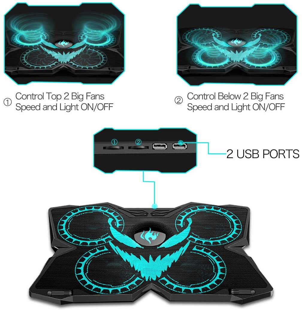 Laptop Cooling Pad, Gaming Laptop Cooler Stand with 4 Silent Big Fans for Notebook, Stable Cooling Pad for Laptop, 2 USB Powered Fan Compatible up to 17&rdquo;, Control Fan Speed for PC, 2020 New Version