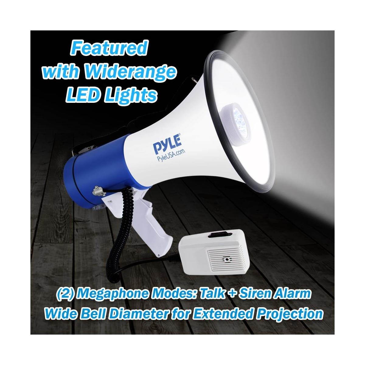 Pyle Portable Compact PA Megaphone Speaker w/ LED Flashlight, Alarm Siren, Adjustable Volume, 50W Handheld Lightweight Bullhorn w/ Detachable Mic, Battery Powered, For Indoor Outdoor Use (PMP51LT)