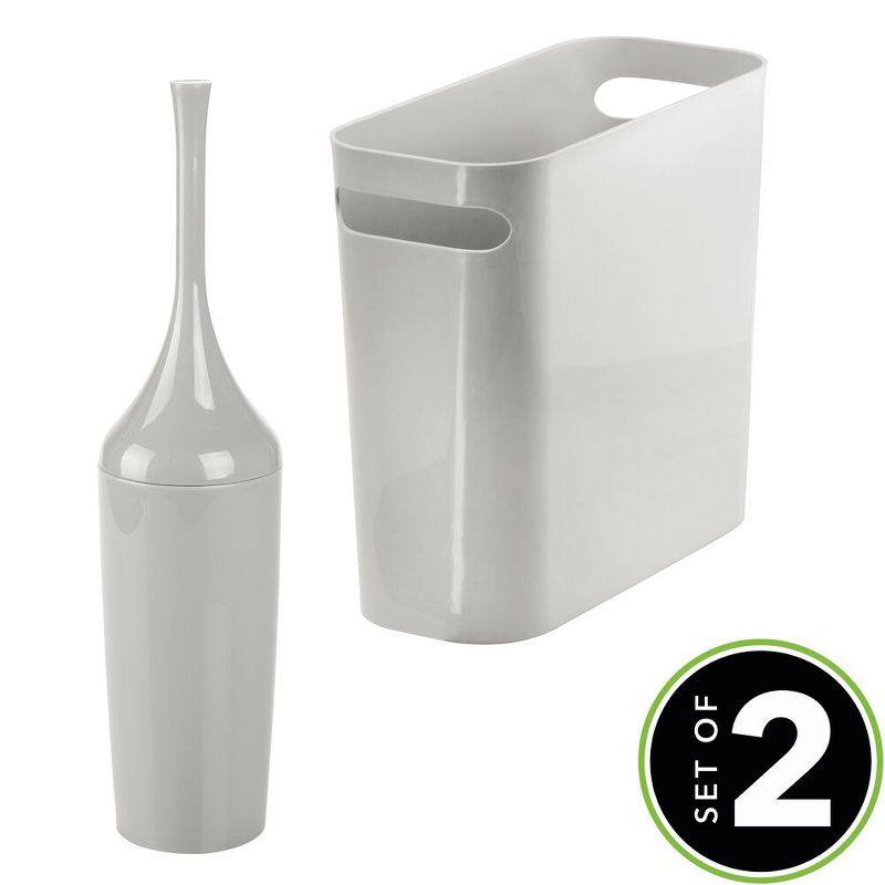 mDesign 2 Piece Plastic Bathroom Trash Can, Toilet Bowl Brush Set - Light Gray