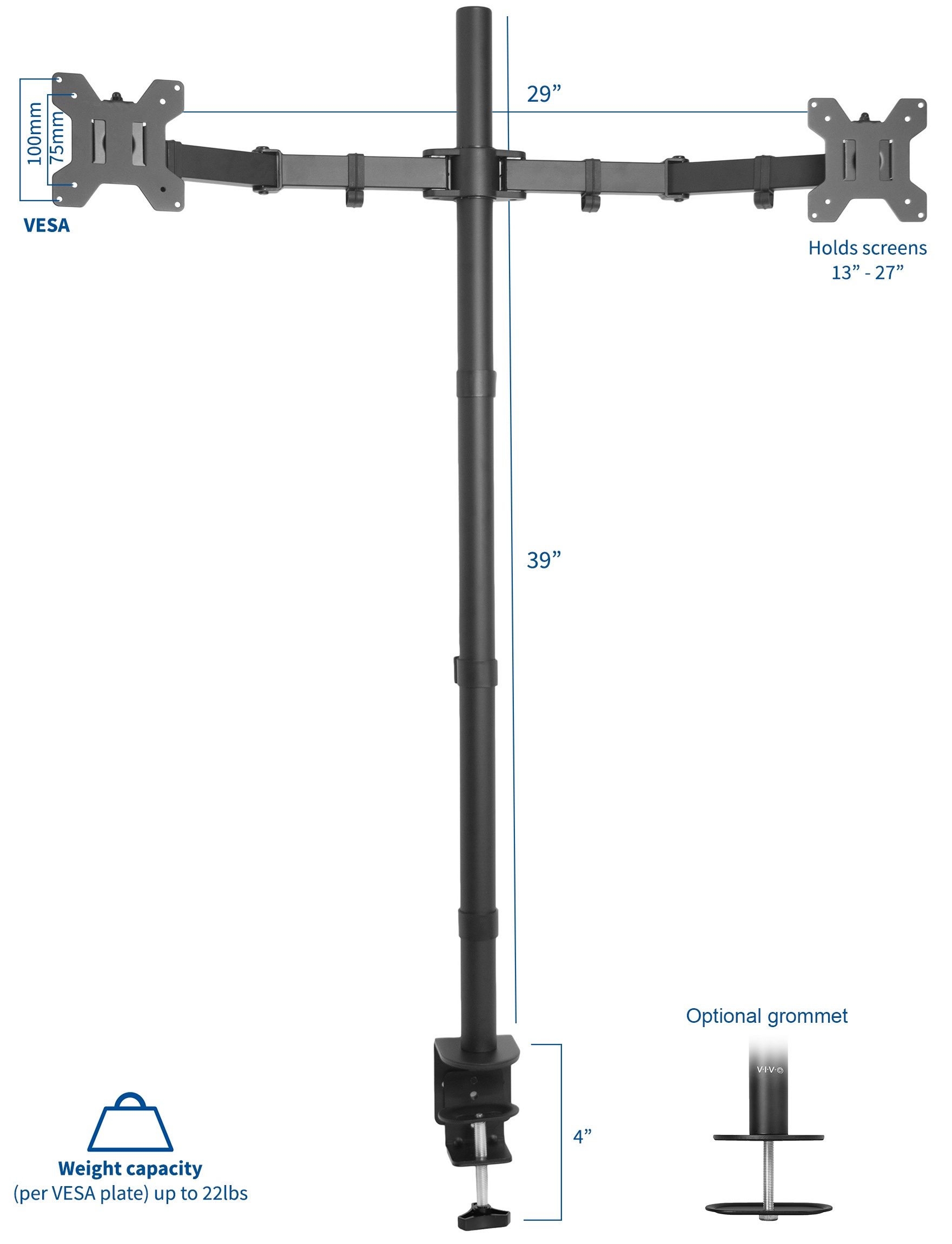 VIVO Dual LCD Monitor Desk Mount Stand Heavy Duty Fully Adjustable Fits 2 Screens up to 27" (STAND-V002)