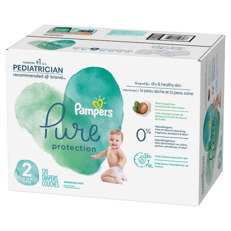 Pampers Pure Protection Disposable Diapers Size 1 - 132ct + Size 2 - 120ct & Pampers Aqua Pure Wipes - 560ct - Bundle
