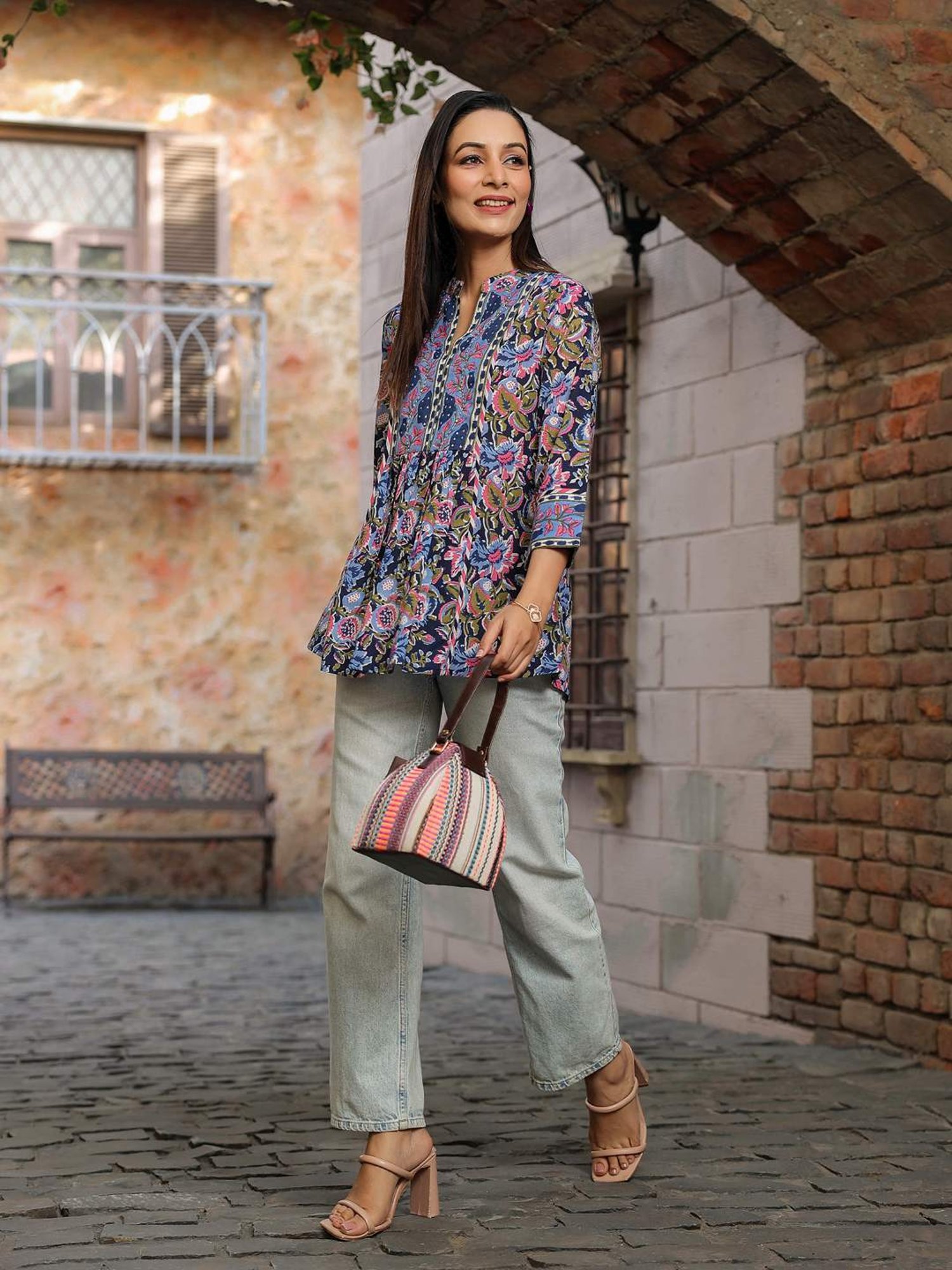 Rain and Rainbow Blue Cotton Floral Print Top