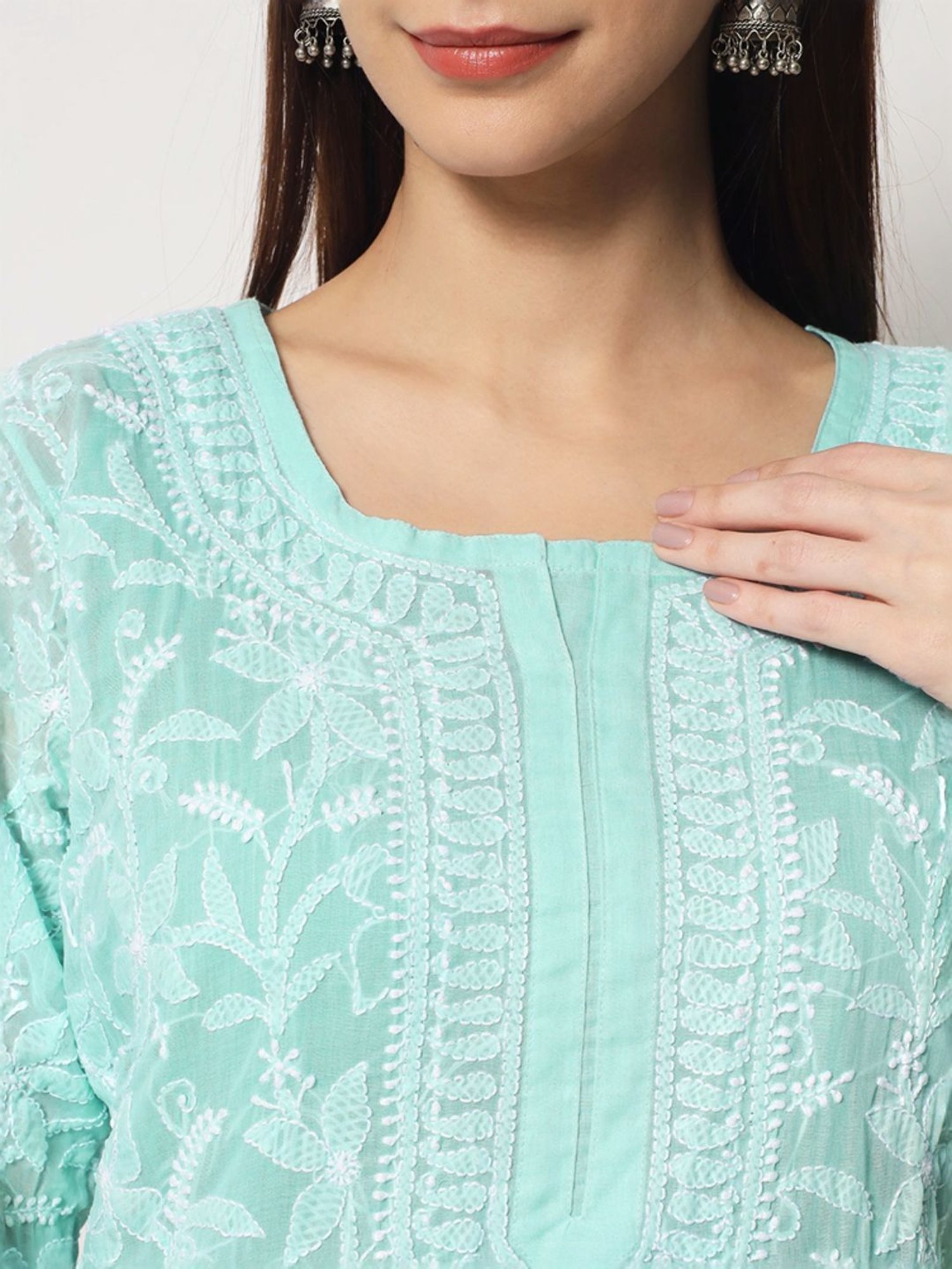 PARAMOUNT CHIKAN Aqua Blue Cotton Hand Embroidered Chikankari Straight Kurta