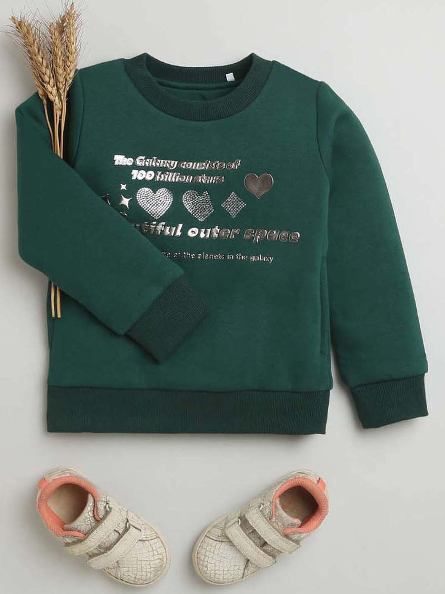 Tiny Girl Kids Green Printed Full Sleeves Sweatshirt