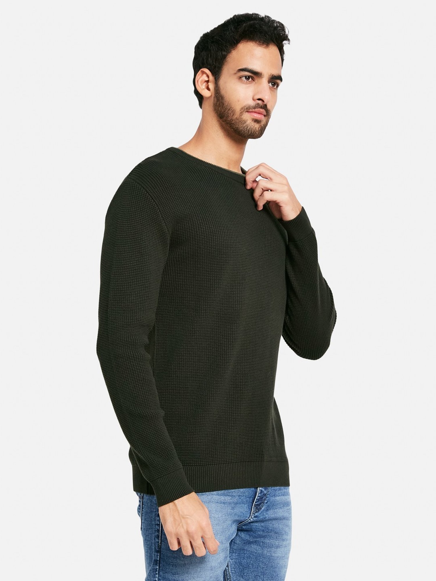 METTLE Olive Cotton Regular Fit Sweater