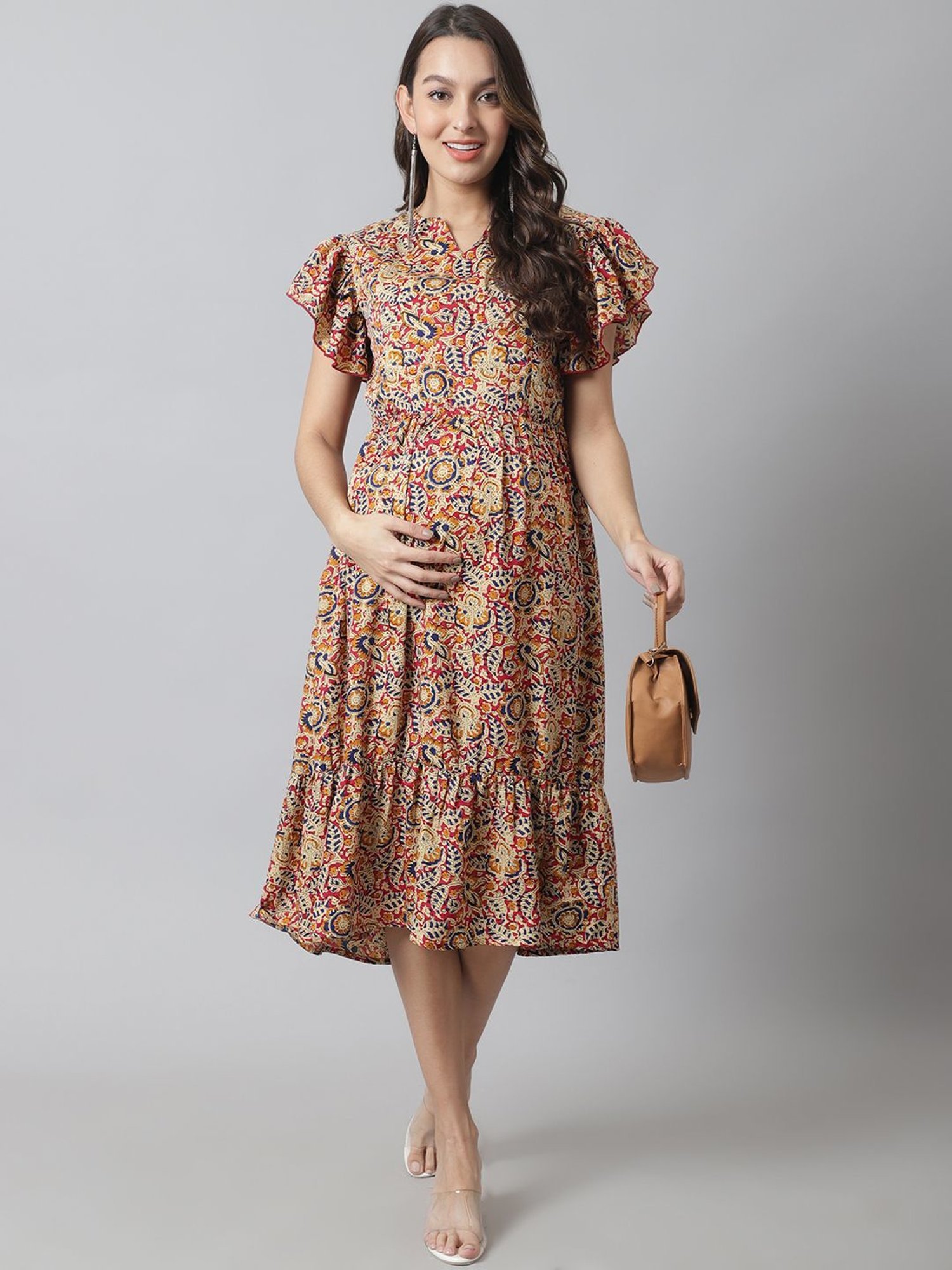 Moms Maternity Beige Printed Dress