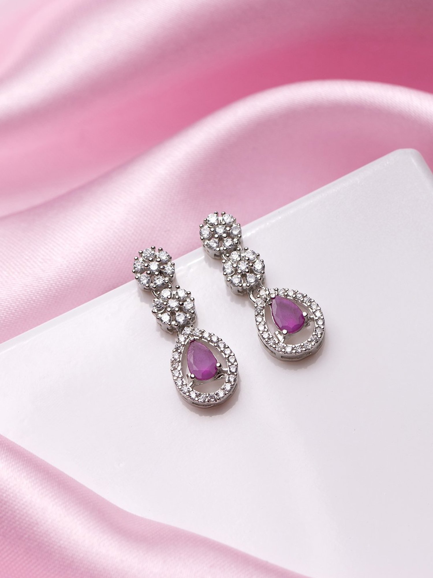 Zavya 92.5 Sterling Silver Dazzling Bloom Rhodium-Plated Drop Earrings