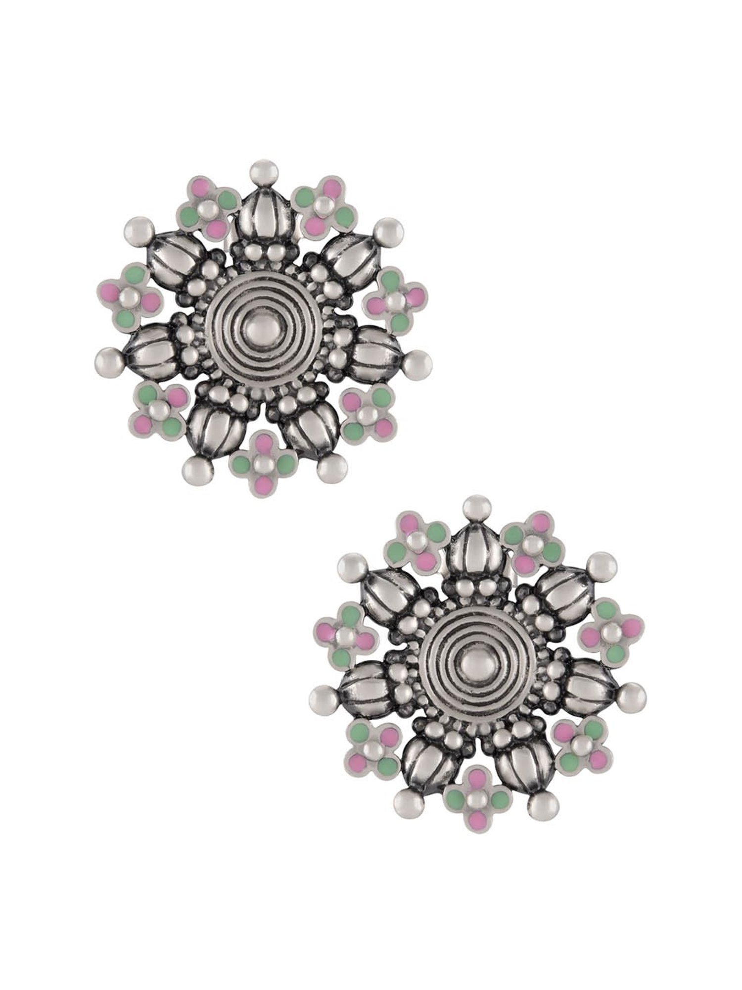 Tribe Amrapali Pink & Green Coin Flower Chandrika Stud Earrings