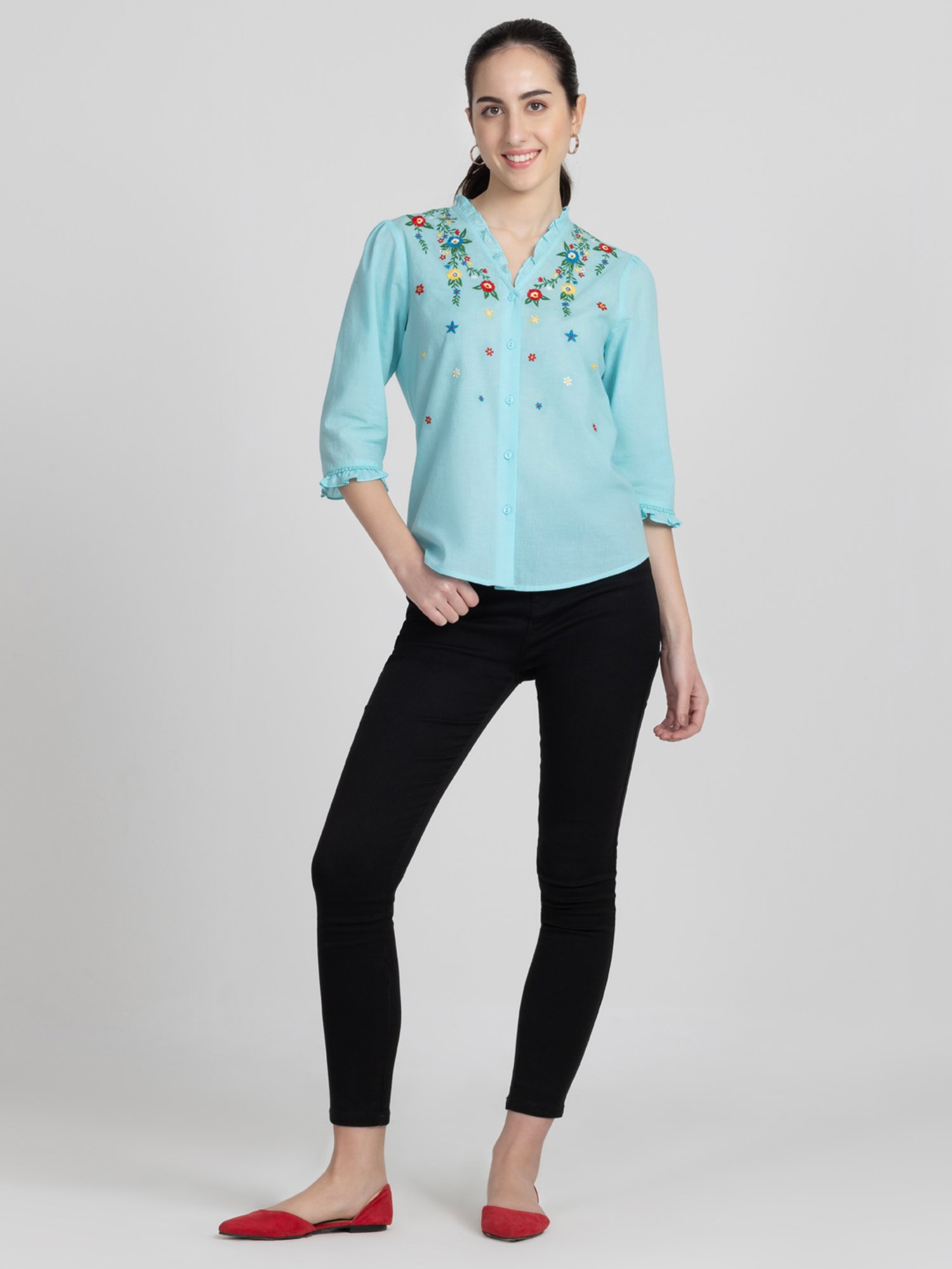 SHAYE Blue Cotton Embroidered Top