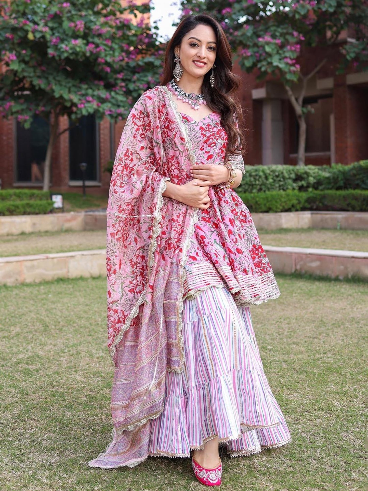 AACHHO Tickled Pink Handblock Sharara Set