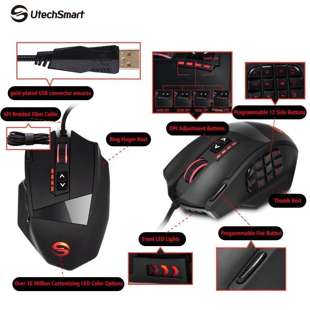 Gaming Mouse, UtechSmart Venus Gaming Mouse RGB Wired, 16400 DPI High Precision Laser Programmable MMO Computer Gaming Mice [IGN's Recommendation]  18 programmable buttons ,16 million LED color option