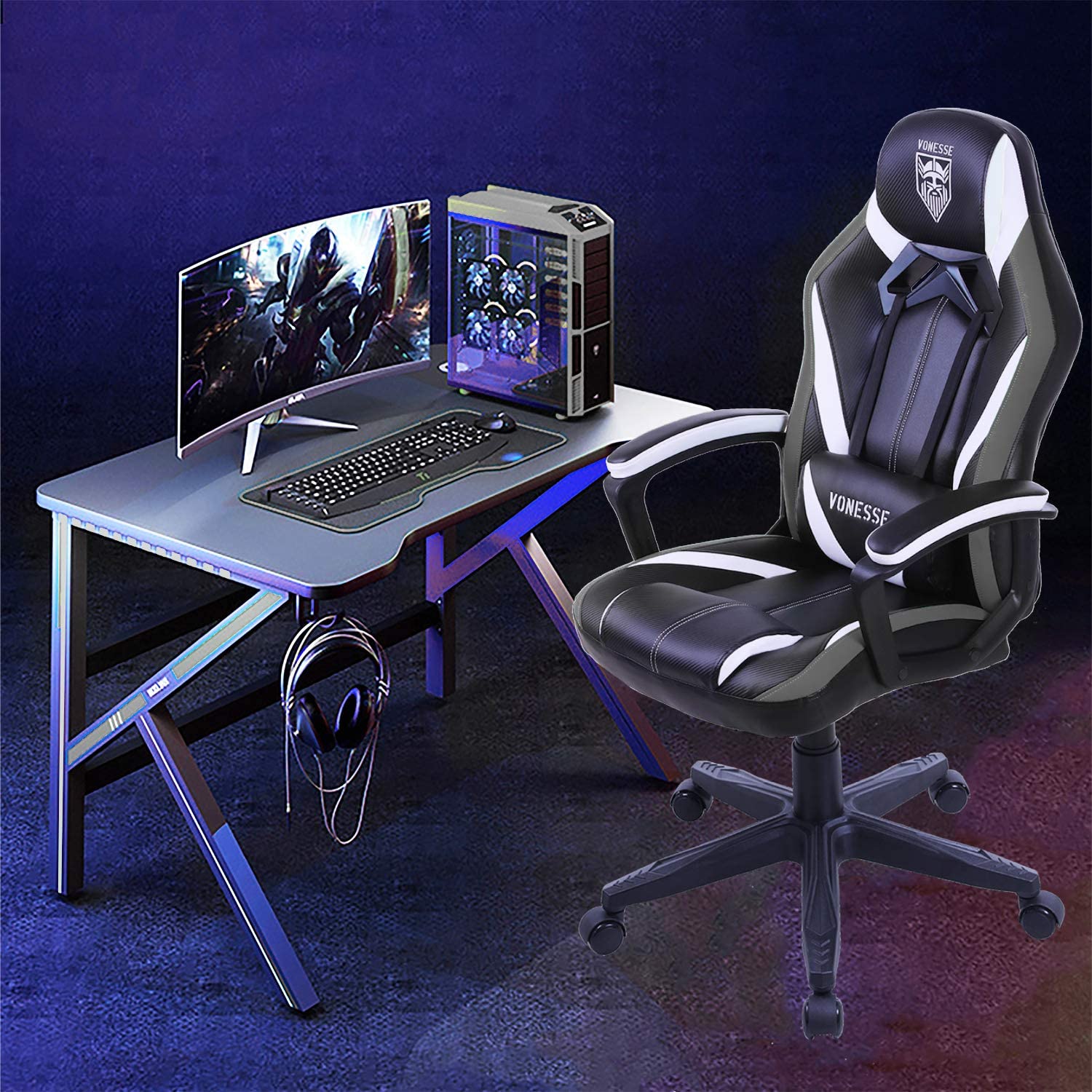 Vonesse Green Gaming Chair, Gaming Desk Chair for Teens, Computer Chair with Massage, High Back Home Office Desk Chairs, Big and Tall Gamer Chair, Computer Desk Chair, Game Chair for Kids (Green)