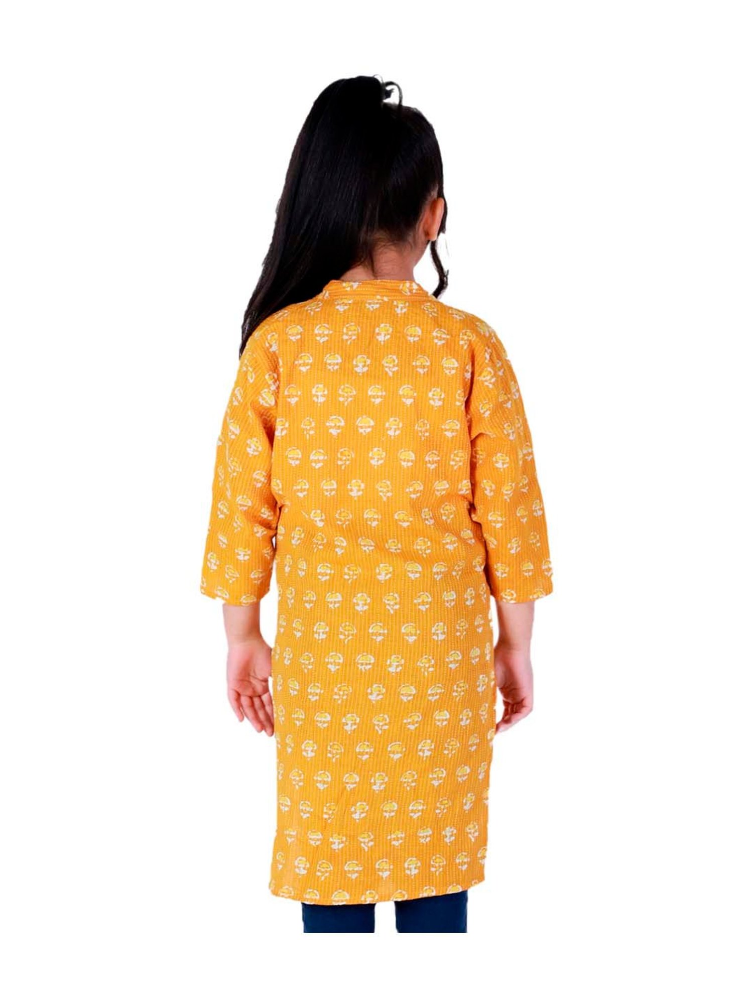 BownBee Kids Yellow Cotton Printed Kurti