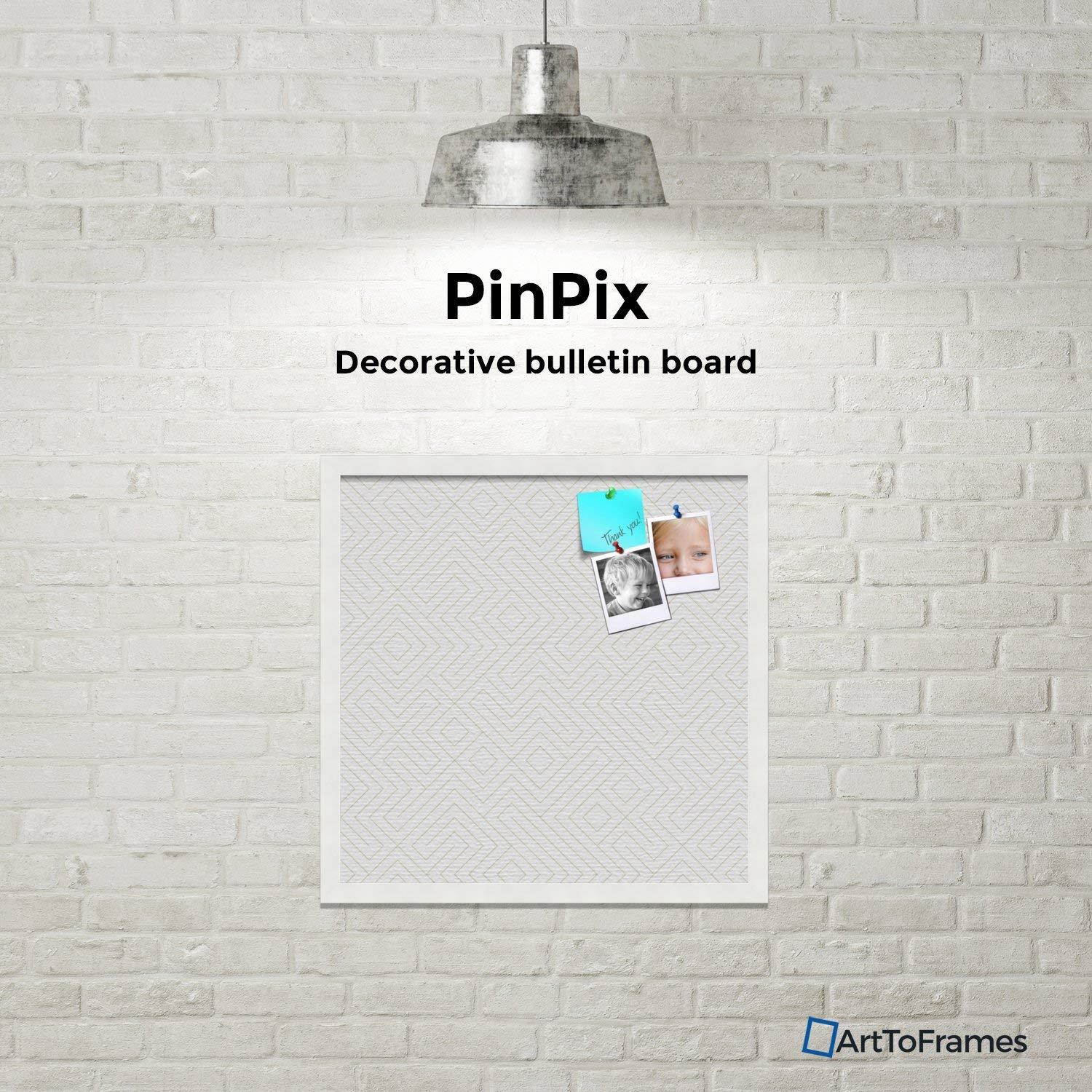 PinPix custom printed pin cork bulletin board made from canvas, Maze White Beige 20x20 Inches (Completed Size) and framed in Satin White Frame (PinPix-Group-91)
