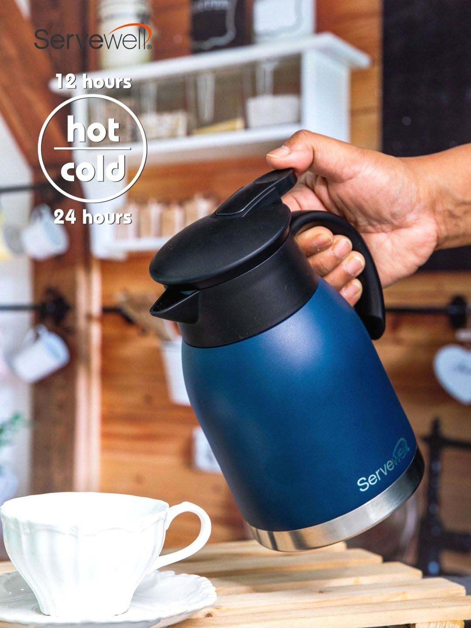 Servewell Navy Blue Steel Heron Ss Vacuum Jug (0.75 L)