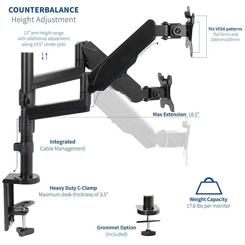 Dual Monitor Arm Mount for 17 to 32 inch Screens - Pneumatic Height Adjustment, Full Articulating Tilt, Swivel, Heavy Duty VESA Stand with Desk C-clamp and Grommet Option STAND-V002K