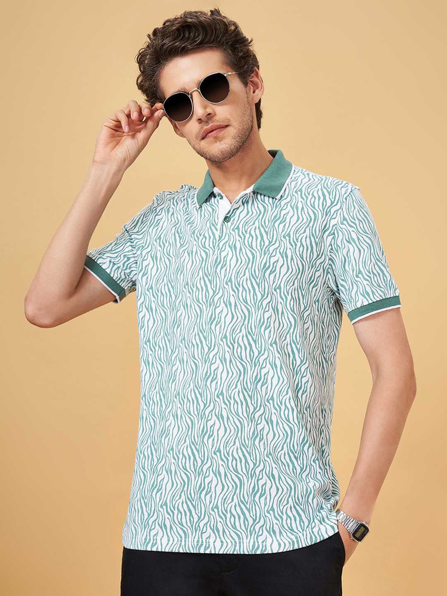 Byford By Pantaloons Blue Cotton Slim Fit Printed Polo T-Shirt