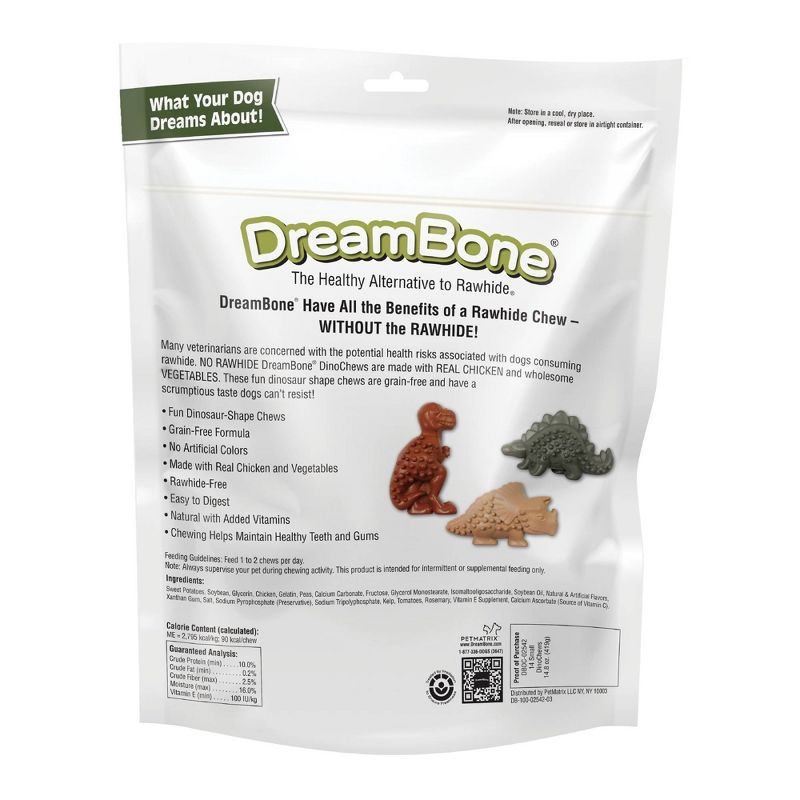 DreamBone Rawhide Free Dino Chews Grain Free Chicken and Vegetable Dog Treats 14ct