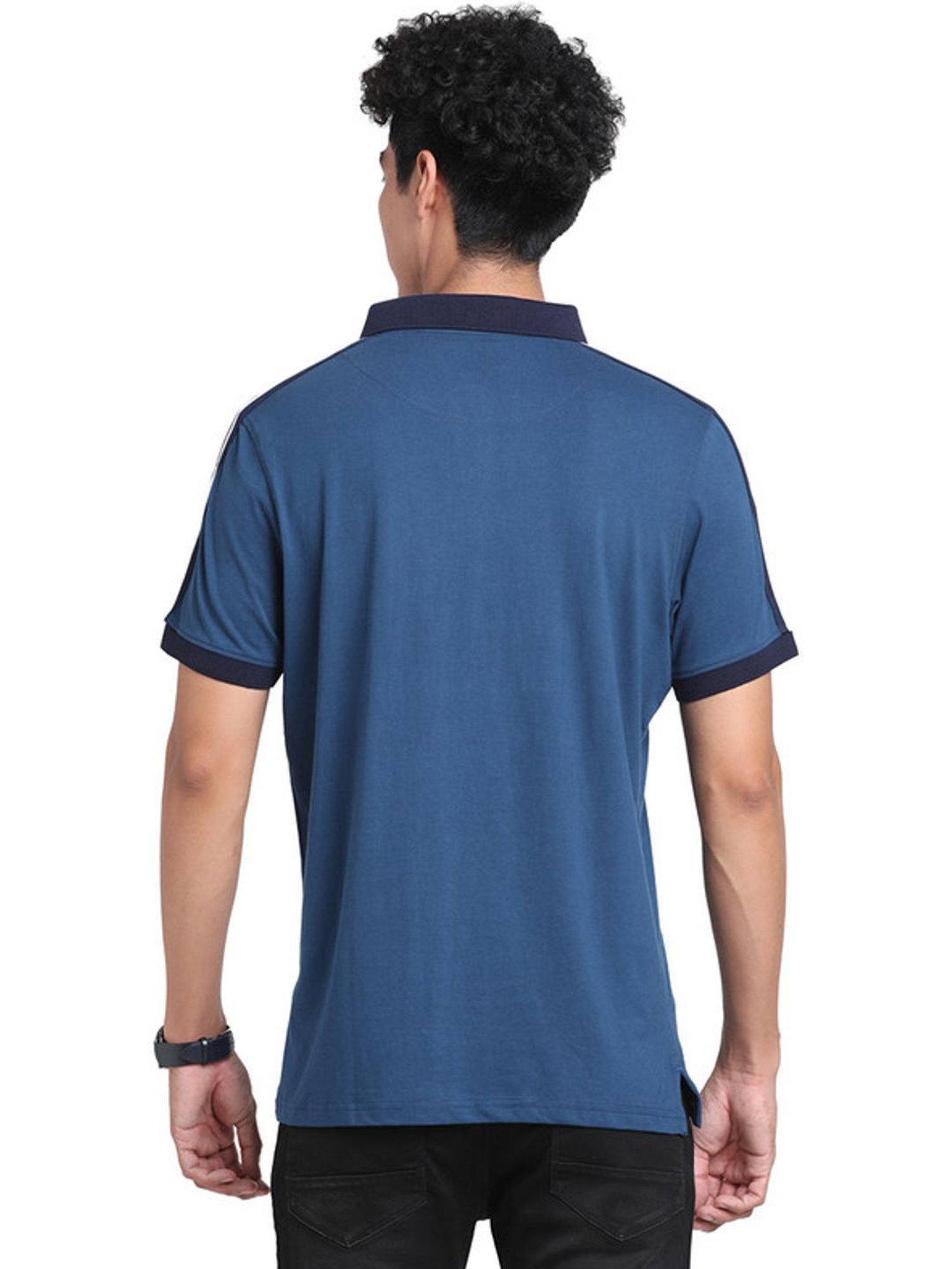 Turtle Blue Cotton Slim Fit Striped Polo T-Shirts