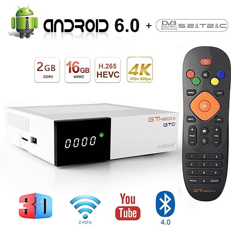 GTC Android 60 TV Box 4K Free to air FTA Satellite TV Receiver DVBS2 Digital ATSC Converter Box TV Tuner with WiFi 24Ghz BT40 3D H265 MPEG24 PVR Recording Smart TV Box