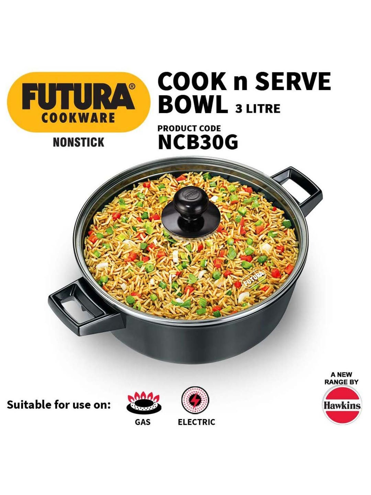 Hawkins Futura Black Nonstick Aluminium 23 cm Cook & Serve Pot with Glass Lid, 3 L