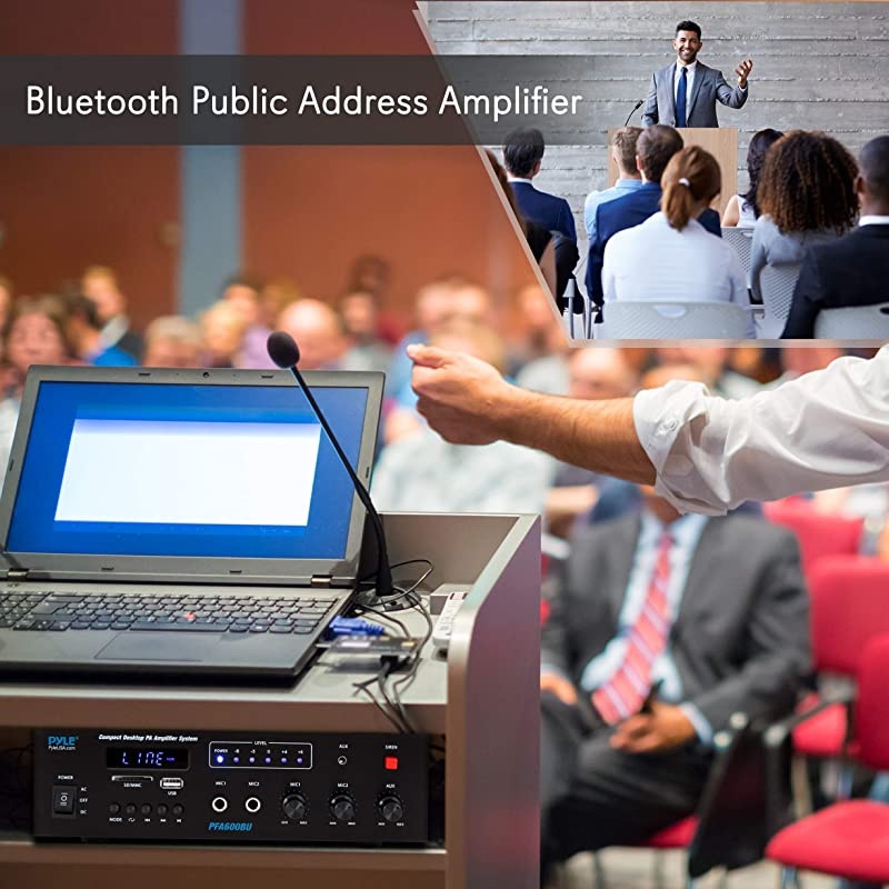 Wireless Bluetooth Karaoke Amplifier Home Car Bus Tours 300 Watts 2 Channel Digital Home Audio PA Receiver System 2 Microphone Input Control FM Radio USB12 Volt Power Option  PFA600BU