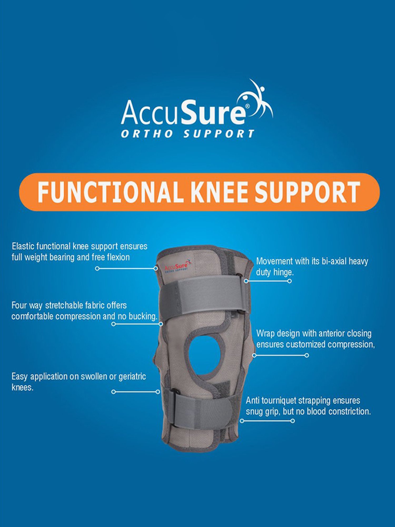 AccuSure Bi-Axial Heavy Duty muscle Joint Protection Functional Knee Support - Size-XXL