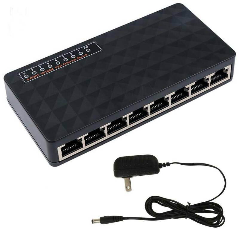 10/100 Mbps 8 Port Fast Ethernet LAN Desktop RJ45  Network Switch Hub Adapter, Unmanaged, Plug-and-Play