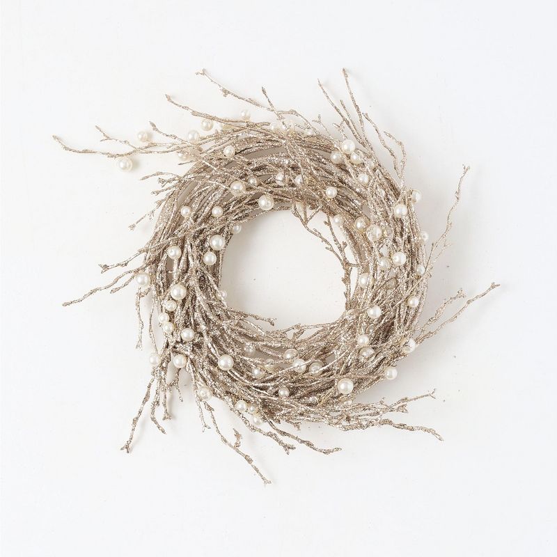 Sullivans Artificial Twig and Bead Wreath 14"H Gold