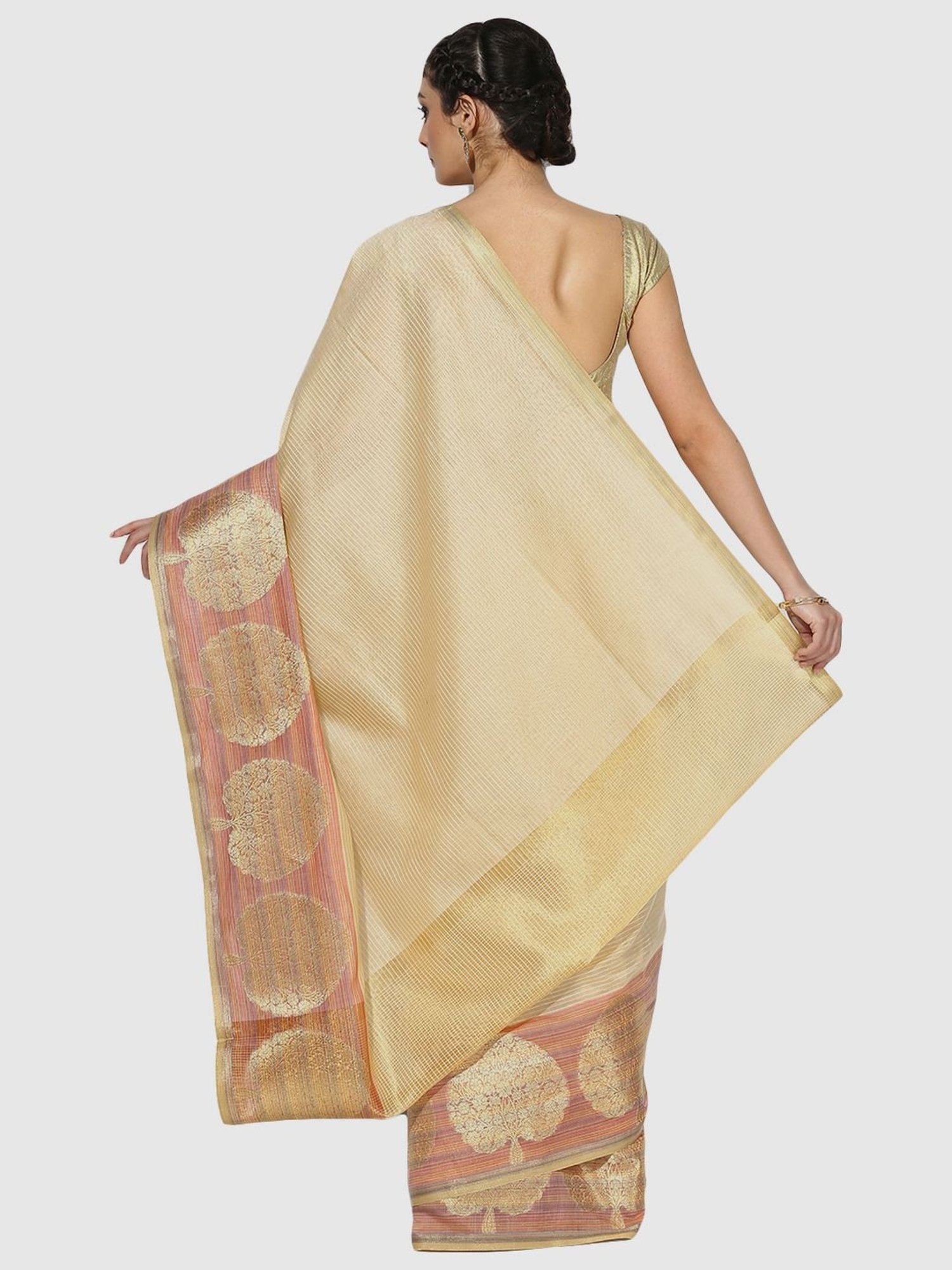 Banarasi Silk Works Cream Silk Woven Saree With Unstitched Blouse