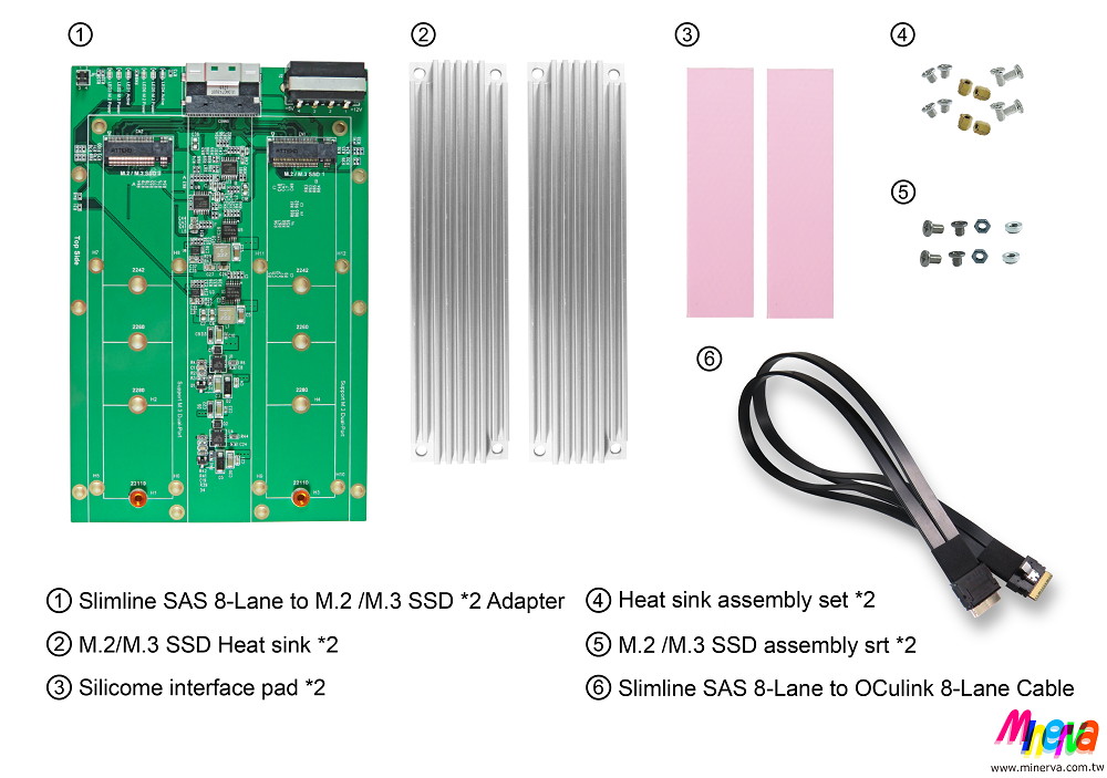 PC892A - Slimilne SAS (SFF-8654) 8-Lane to M.2 NVMe SSD dual ports Adapter to Slimline SAS 8-Lane to OCulink 8-Lane Cable KIT