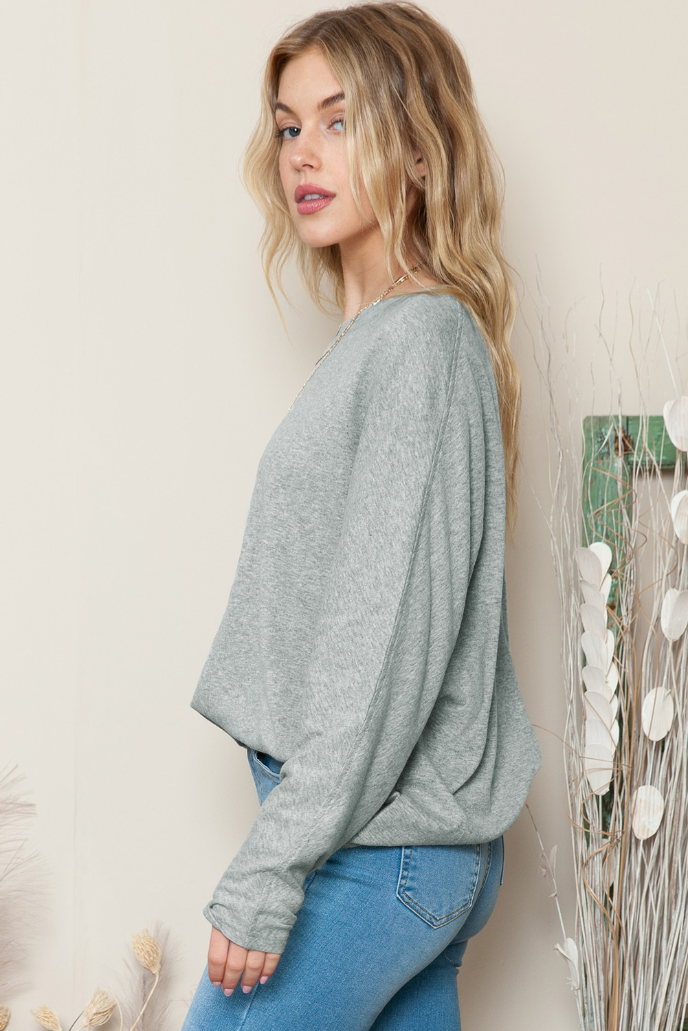 Grey Plain Solid Color Casual Seam Long Sleeve Top
