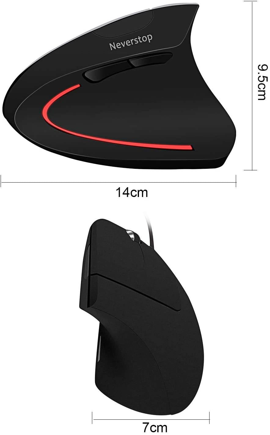 Wired vertical mouse, optical ergonomic mouse, with 4 adjustable DPI 800/1200/2000/3200, 6 button USB computer mouse, 4 color LED lights