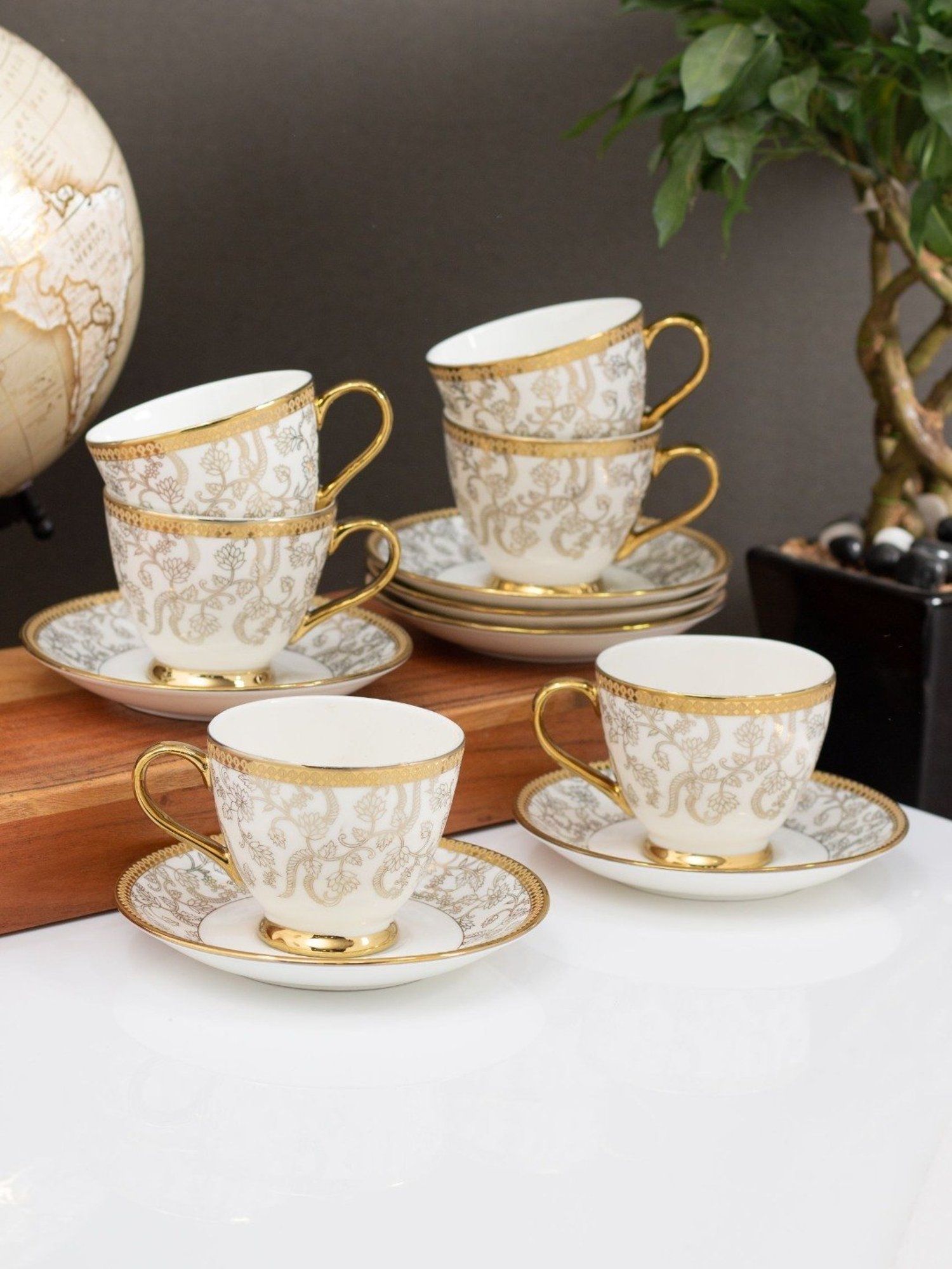 Clay Craft Fine Printed Gold Ceramic Cup & Saucer 180 ml - Set of 12