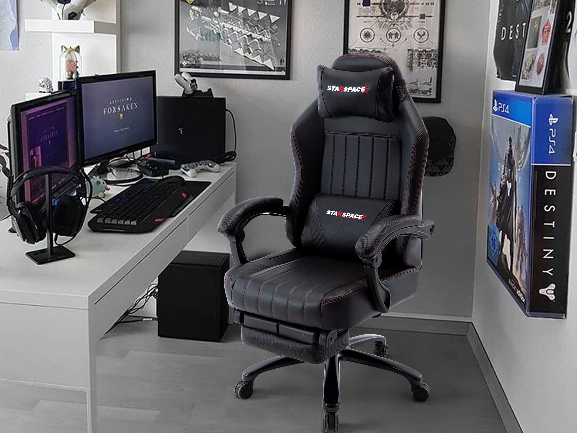 STRASPACE Big & Tall 400lb Memory Foam Reclining Gaming Chair Metal Base - Adjustable Back Angle and Retractable Footrest Ergonomic High-Back Leather Racing Executive Computer Desk Office Chair, Blue