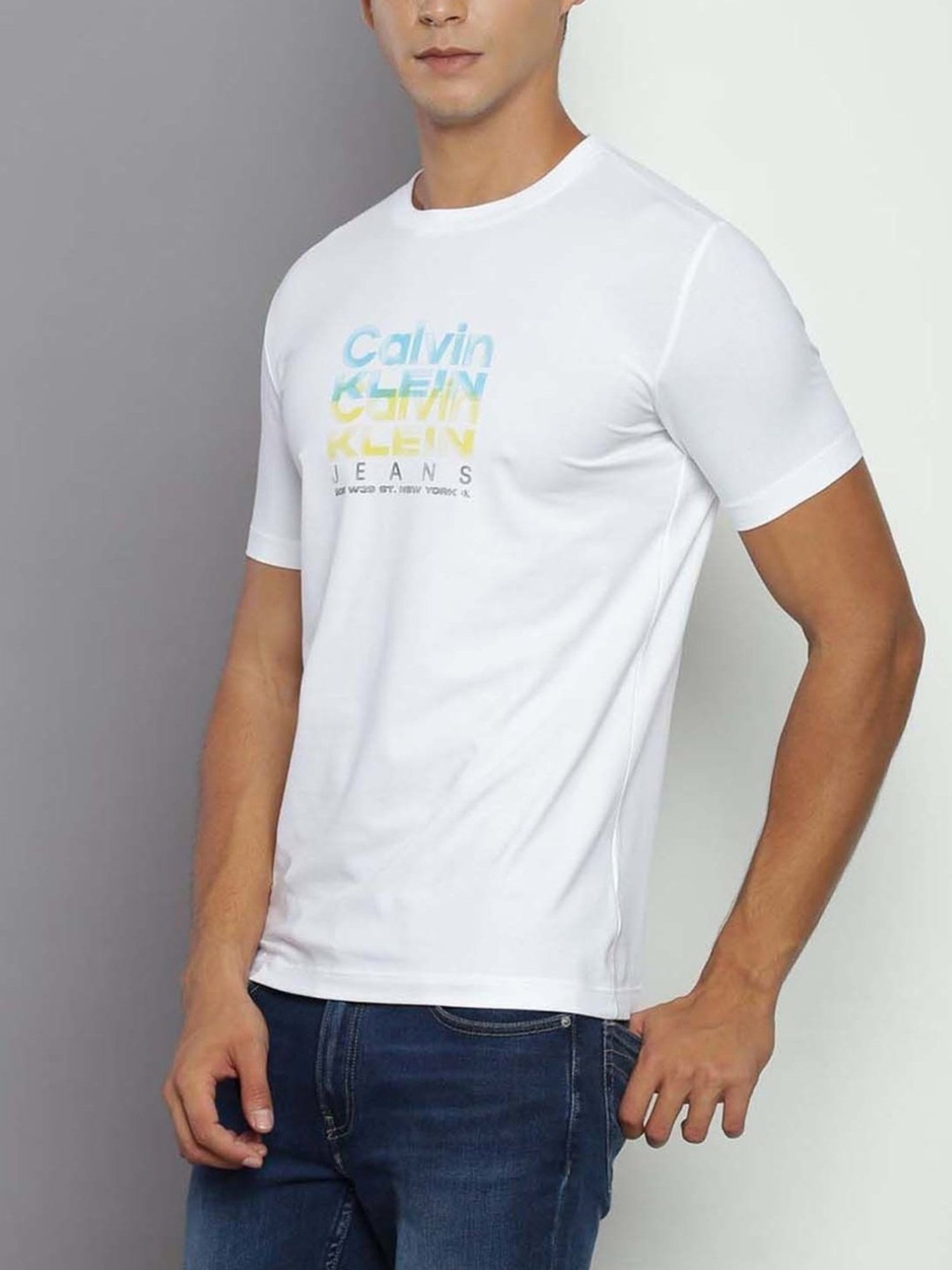 Calvin Klein Jeans Bright White Cotton Slim Fit Logo Printed T-Shirt