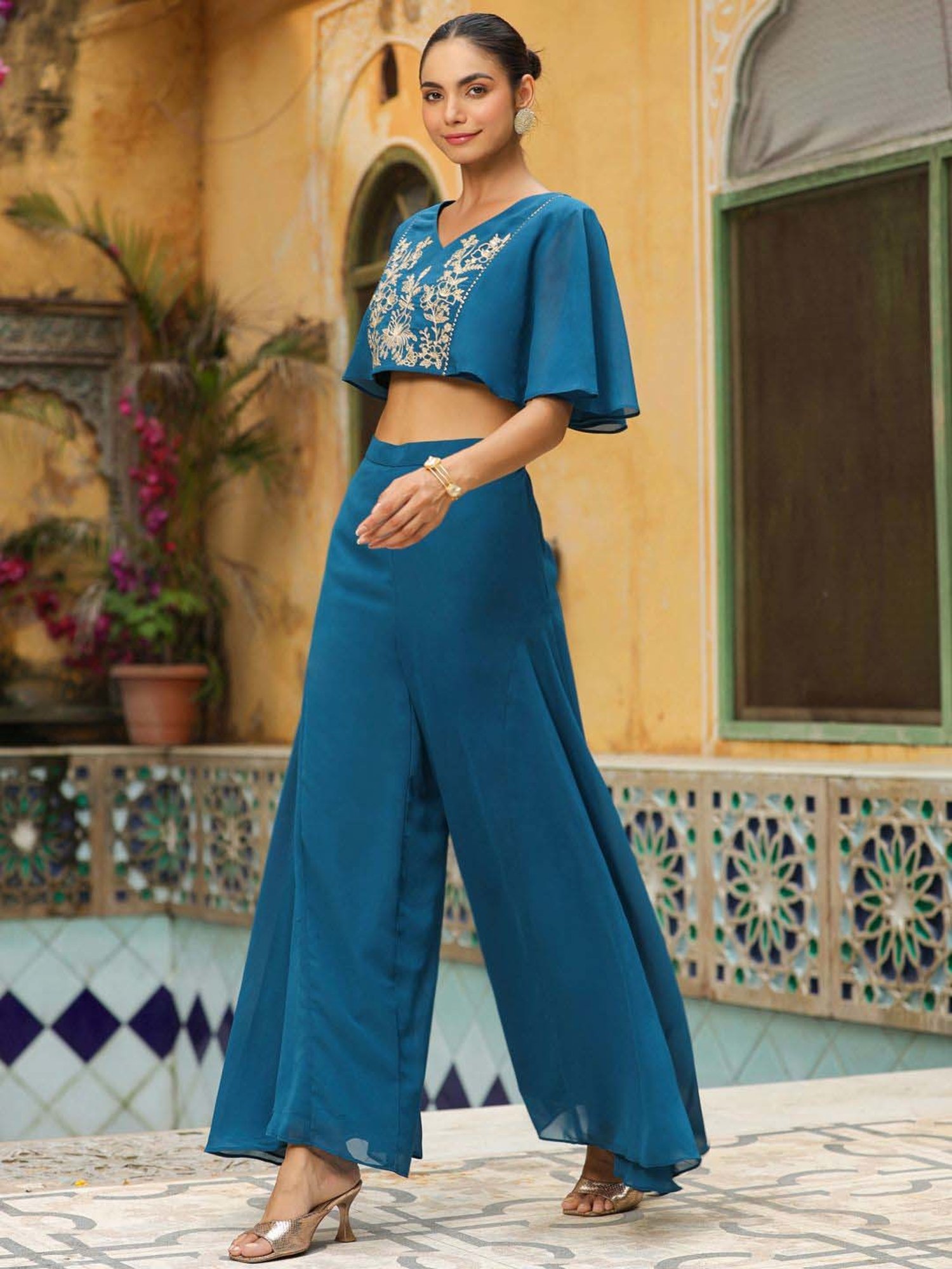 Janasya Teal Blue Embroidered Crop Top Palazzo Set