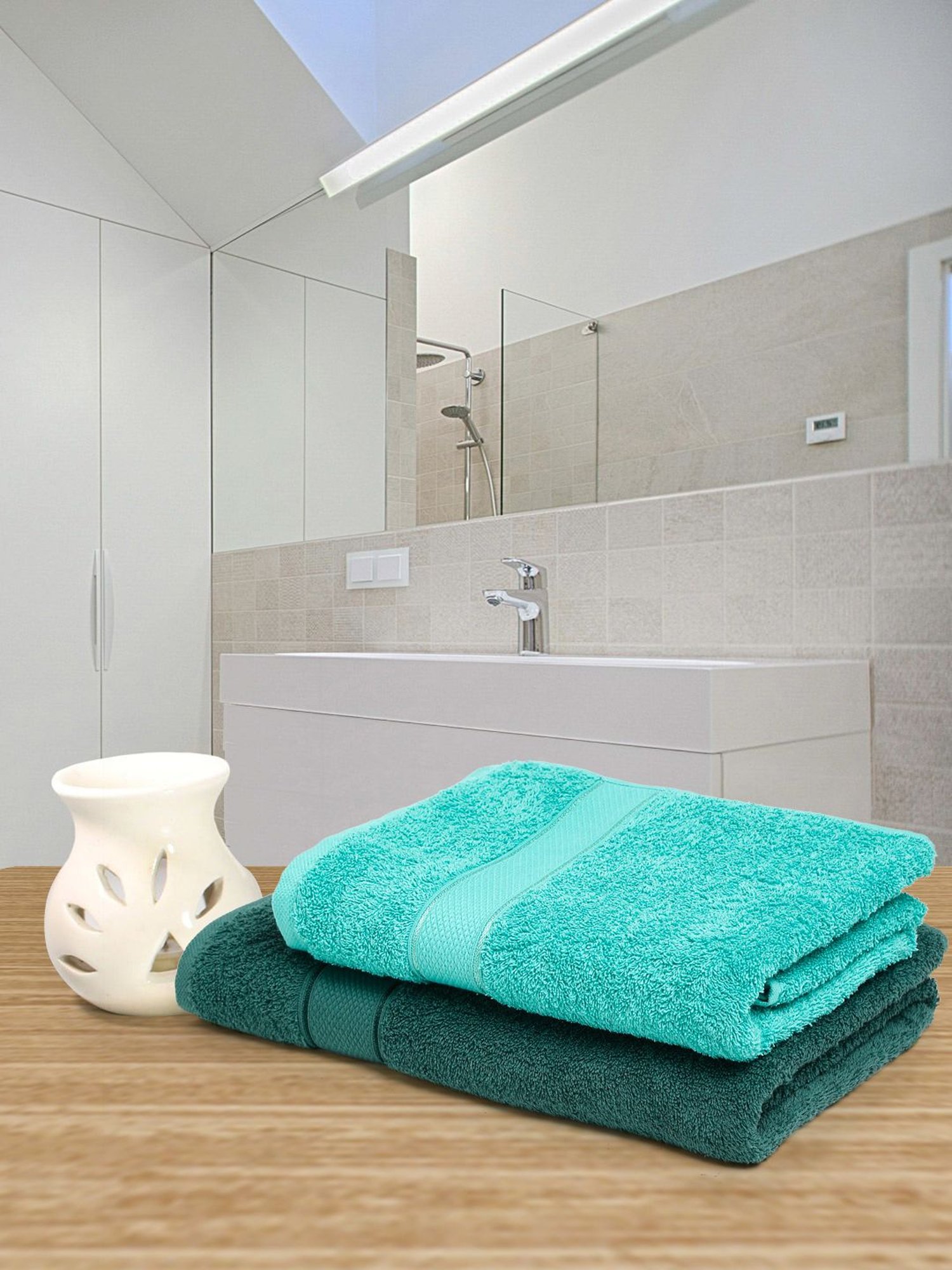 Creeva Dark Green & Sea Green 525 GSM Cotton Bath Towel Set of 2