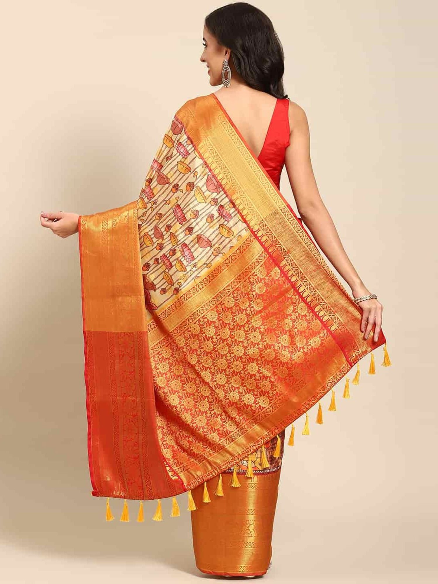 Silk Land Beige & Orange Silk Floral Print Saree With Unstitched Blouse