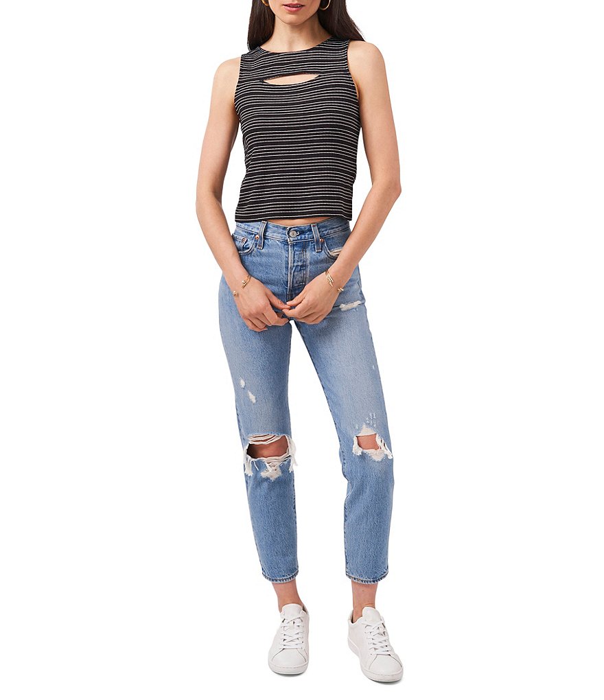 1. STATE Sleeveless Keyhole Cutout Crew Neck Striped Knit Tank